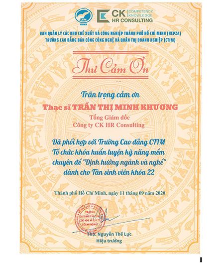 Thư cảm ơn của Trường Đại học <br> 
Tài chính - Marketing